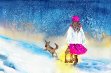 Watercolor Illustration Of A Girl In A White Jacket And A Purple Skirt And Hat Walking With A Lantern In Her Hand Along A Snowy Path With Her Dog