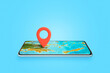 Phone as a map concept. Map pin pinned to the phone display where the map is located. The concept of summer travel and finding a holiday destination