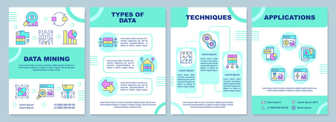 Data mining mint brochure template. Information extraction. Leaflet design with linear icons. 4 vector layouts for presentation, annual reports. Arial-Black, Myriad Pro-Regular fonts used