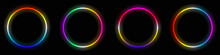 Set Glowing Circle Shape Bright Multicolor Gradient Frame Design Element Dark Background Vector Illustration.