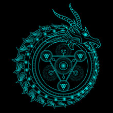 Dragon's Magic Incantation Circle, Magic Spell Ring Sparkle, Superpower. Horoscope Circle On Dark Background.