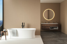 Modern Minimalist Bathroom Interior, Modern Bathroom Cabinet, Double Sink, Oval Mirror, Concrete Flooring, Accessories, Bathtub, Beige Walls. 3d Rendering
