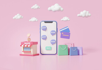 Canvas Print - Mobile app online shopping concept on pink pastel background. Shop store buy, sell on smartphone, discount promotion sale, advertising banner, website. 3d render illustration