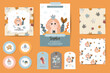 Set of Birthday invitations, thanks cards, tags and seamless patterns with cute mermaids