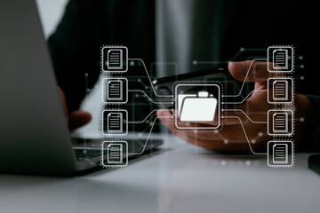 Leinwandbilder - Documentation in a business with ERP, use a Document Management System (DMS), an online documentation database, and process automation. Technology for corporate business.