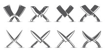 Set Of Knife Silhouette Designs With Various Shapes.  Collection Of Butcher Knife Logo Elements Or Icons With X Shape, Vector Illustration