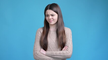 Poster - Teen hispanic lady crossing hands feel offense isolated blue color background