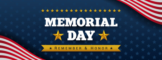 Wall Mural - Memorial Day - Remember and honor banner vector design. flag border on navy blue star pattern background