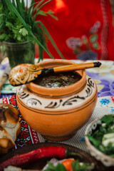 Wall Mural - Ukrainian national cuisine outdoors at the festival.