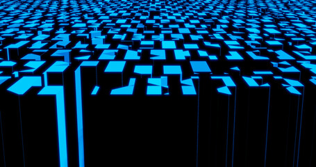 Poster - Render with blue glowing slabs of geometric symbols in isometry