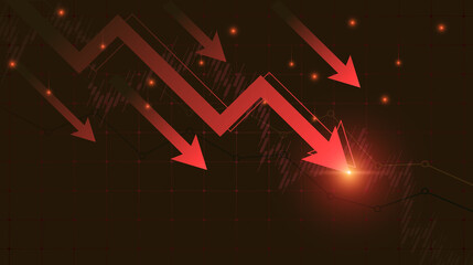 Wall Mural - Falling down arrow with business chart in bear stock market on red color background
