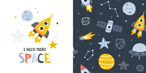 Wall Mural - scandinavian space adventure pattern set. cosmic seamless vector print for baby pajamas.