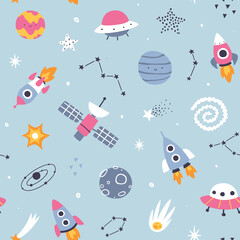Wall Mural - scandinavian pattern with space adventure. cute cosmic vector seamless print for kids textile and nu