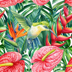  Tropical seamless pattern. Hummingbird, flowers and monstera leaves background. Watercolor illustration