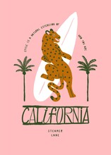 Jaguar Surfing. California Jaguar Holding Surfboard With Palm-trees On Pink Background. Hand Drawn Wild Animal Silkscreen Vintage Typography T-shirt Print Vector Illustration.