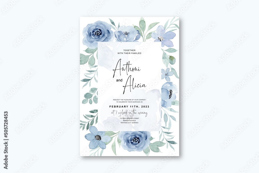 Wedding invitation card with blue floral watercolor Stock Vector ...