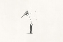 Illustration Of Man Catching Butterfly, Surreal Minimal Concept