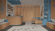 Veterinary clinic interior design in blue and wooden tones. Sitting waiting room with bench and pillows, reception, bookshelf with water cooler, doors, terrazzo tiles and decors