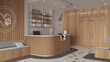 Veterinary hospital design project in white and wooden tones. Reception desk with accessories, waiting room with bench and pillows, terrazzo tiles and carpet. Interior architecture