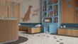 Veterinary clinic waiting room in blue and wooden tones. Reception desk, sitting space with benches with pillows. Bookshelf and water cooler, shelves with pet food. Interior design