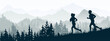 Silhouette of boy and girl jogging. Forest, meadow, mountains. Horizontal landscape banner. Gray illustration. 