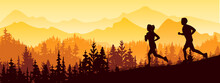 Silhouette Of Boy And Girl Jogging. Forest, Meadow, Mountains. Horizontal Landscape Banner. Orange And Yellow Illustration. 