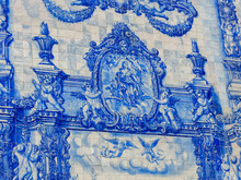 Porto, Portugal - July 30 2019: Portuguese Blue Tiles Art (azulejos) At The Chapel Of Souls (Capela Das Almas)