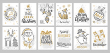 Christmas Cards Set. Handwritten Lettering. Calligraphic Christmas Wishes. Hand Drawn Cute Pictures: Deer, Santa Claus, Christmas Tree, Toys, Fox Isolated On A White Background. Vector Illustration.