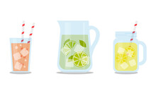 Set Of Summer Drinks In Glass And Jars Isolated On White Background. Flat Vector Illustration.