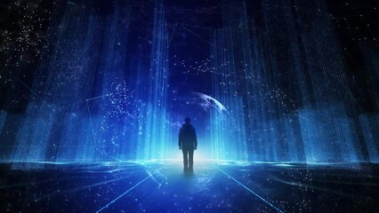 Wall Mural - futuristic augmented digital artificial intelligence city with people silhouette and technology netw