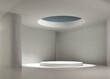 3d minimalistic white interior, space with sunshine and shadows. 3D rendering illustration mock up. Surreal interior with podium 