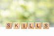 Skills - word is written on wooden cubes on a green summer background. Close-up of wooden elements.