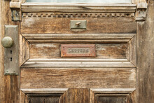 Antique Door Detail Of Mail Slot (horizontal)  With The Word "letters" In Raised Text On The Flat Of The Slot.