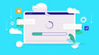 Software update - Laptop computer with load bar and loading wheel on screen, updating system and software. Vector illustration