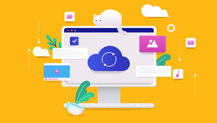 Aufkleber - Cloud working - Desktop computer screen with symbol syncing with cloud service. Vector illustration
