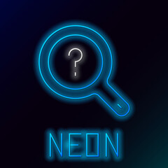 Sticker - Glowing neon line Unknown search icon isolated on black background. Magnifying glass and question mark. Colorful outline concept. Vector