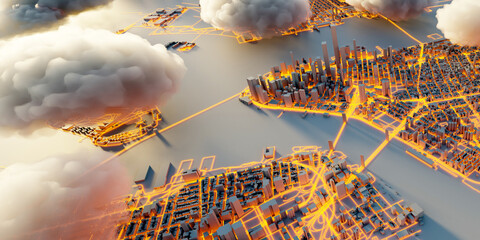 Leinwandbilder - Scattered clouds on the mega city; urban and futuristic technology concepts, original 3d rendering