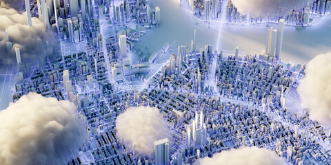 Leinwandbilder - Scattered clouds on the mega city; urban and futuristic technology concepts, original 3d rendering