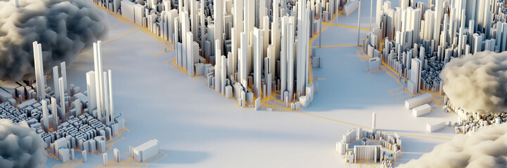 Leinwandbilder - Scattered clouds on the mega city; urban and futuristic technology concepts, original 3d rendering