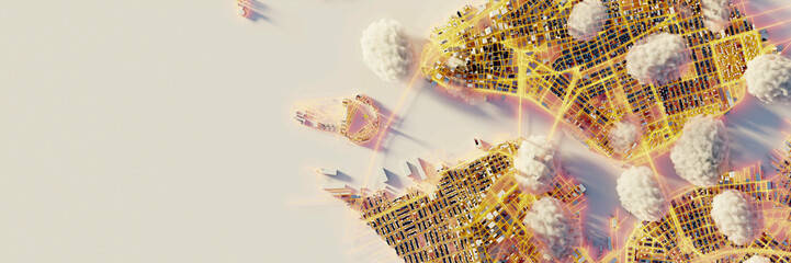 Leinwandbilder - Scattered clouds on the mega city; urban and futuristic technology concepts, original 3d rendering