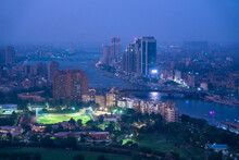 Egypt, Cairo, Aerial View Of Cityscape And Nile River At Night