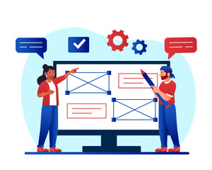 Wall Mural - website prototyping concept. man and girl create template or page layout. programmers and designers 