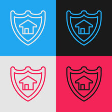 Pop Art Line House With Shield Icon Isolated On Color Background. Insurance Concept. Security, Safety, Protection, Protect Concept. Vector