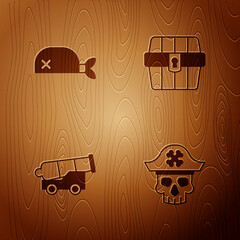 Poster - Set Pirate captain, bandana for head, Cannon and Antique treasure chest on wooden background. Vector