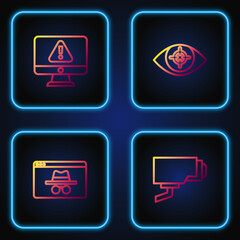 Sticker - Set line Security camera, Browser incognito window, Monitor with exclamation mark and Eye scan. Gradient color icons. Vector