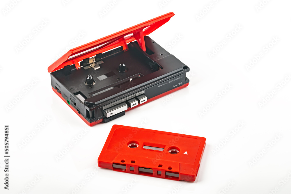 Foto Sony Walkman with red audio Tape do Stock | Adobe Stock