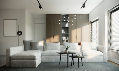 Modern Japandi style living room ideas. white room interior design with furniture, 3d rendering