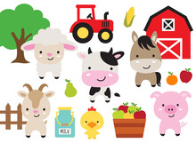 Cute Farm Barn Animals Including A Cow, Horse, Sheep, Pig, Goat, And Chicken Vector Illustration.