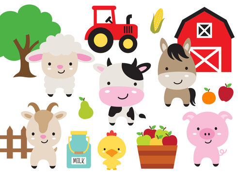 Fototapete - Cute farm barn animals including a cow, horse, sheep, pig, goat, and chicken vector illustration.