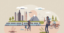 Save Earth And Consider Your Travel To Reduce CO2 Footprint Tiny Person Concept. Support Local Tourism And Explore Nearby Places For Ecotourism And Sustainable Transportation Vector Illustration.